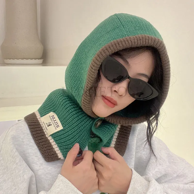 

Warm Ring Scarf Balaclava Hat Women Winter Knitted Cap Pullover Lady Woolen Yarn Beanie Outdoor Snood Collar Muffler New