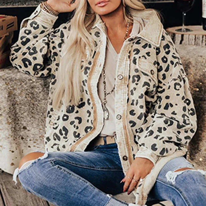 

Harajuku Loose Long Sleeve Autumn Jackets Vintage Pocket Cardigan Outwear New Fashion Casual Leopard Print Coat Women's Clothing