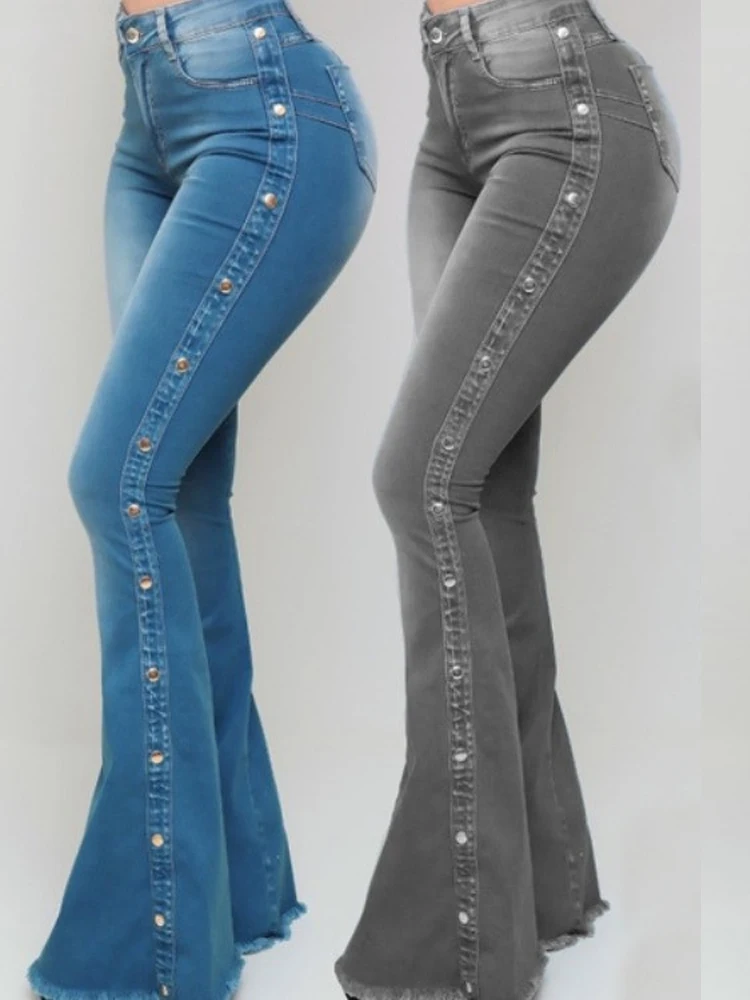 

Elegant Classic Mopping Flared Long Pants Fashion Skinny Side Single-Breasted Trousers 2022 Women High Waist Stretch Denim Pants