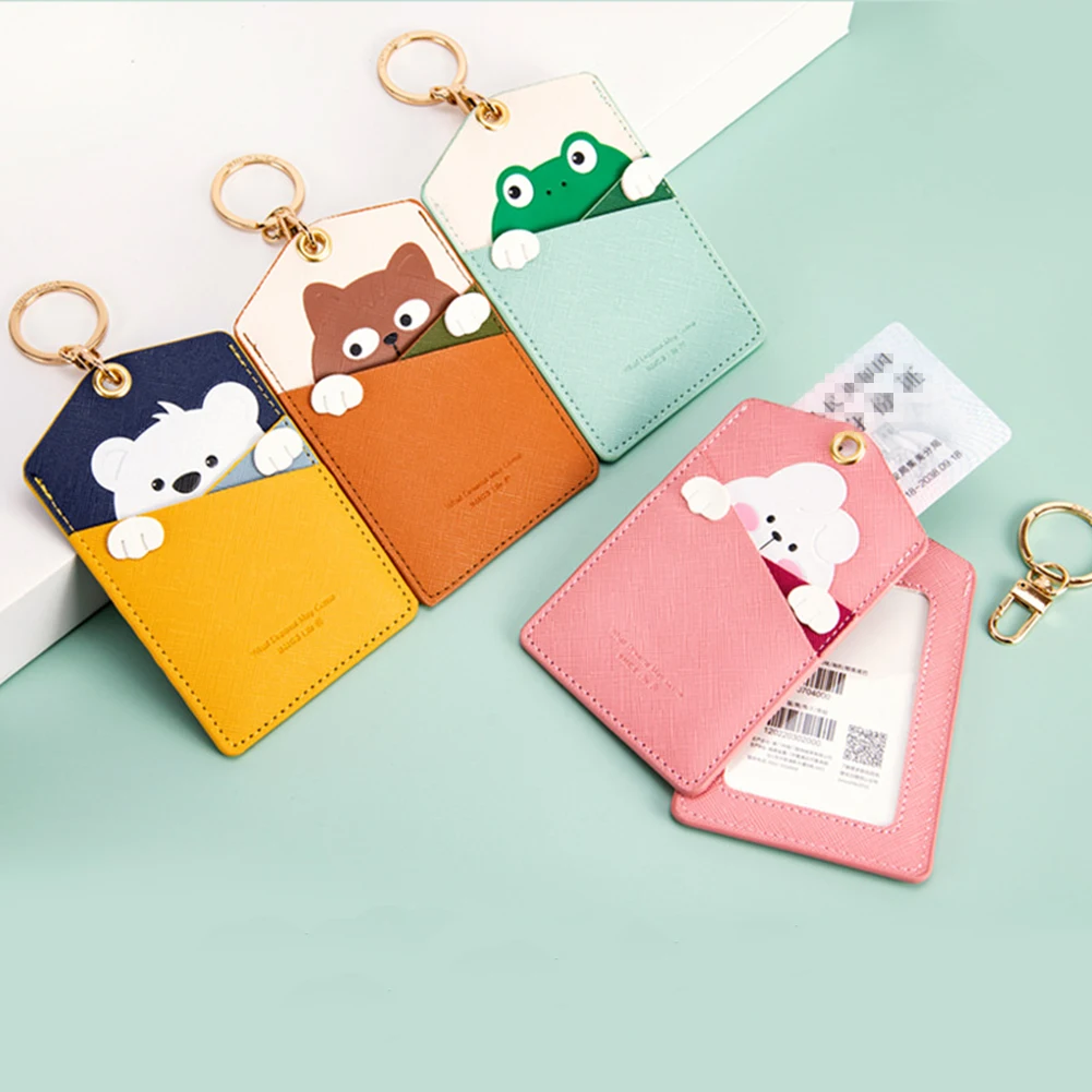 High Quality Credit Card ID Badge Holder Cute Cartoon Leather Bear Pass Case Cover Card Case Key Holder Ring Luggage Tag Trinket