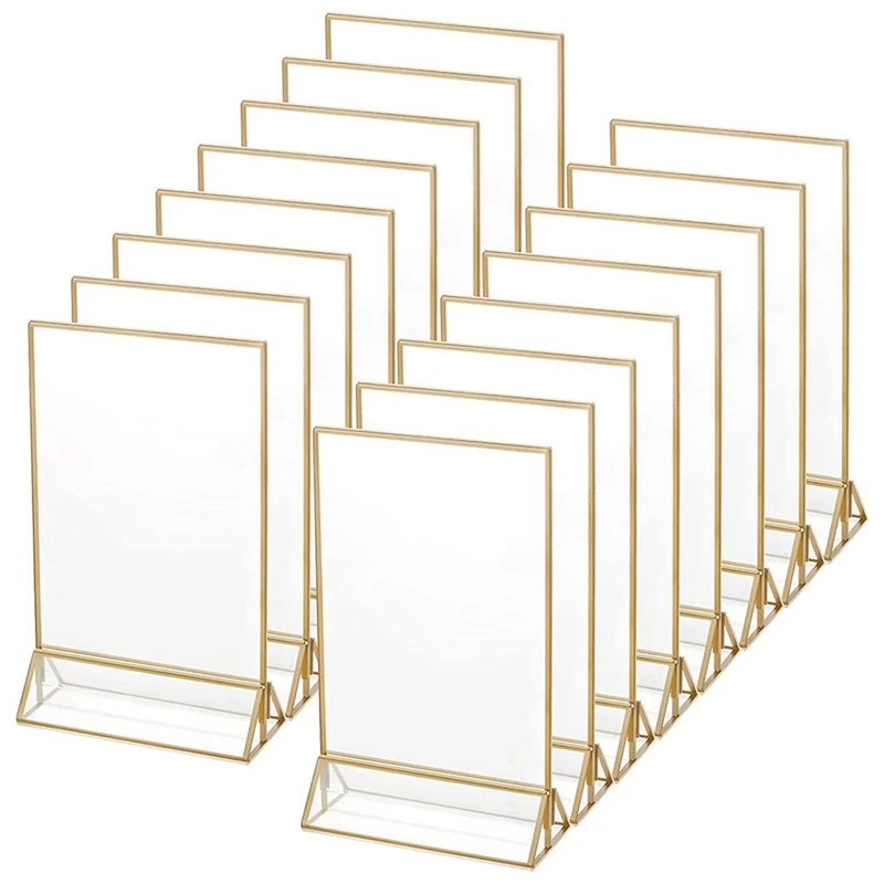 18 Pcs Gold Sign Holder 5X7 Inch Acrylic Double-Sided Desktop Display Stand Wedding Table Digital Stand Table Sign Rack