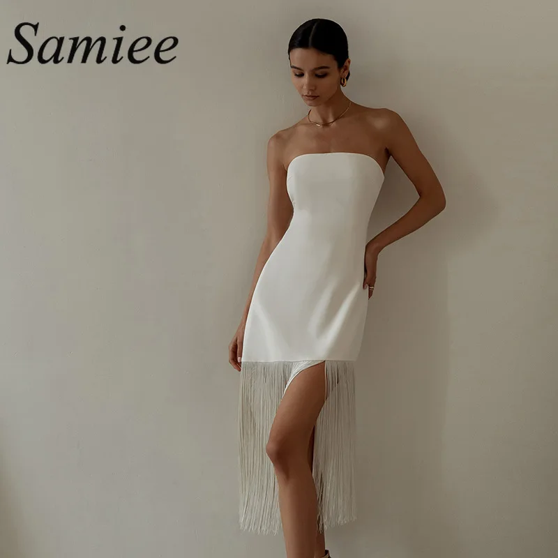 

Women's Tassel Dress Strapless Sleeveless Bandage White Dress Black 2022 Summer Sexy Elegant Club Party Evening Vestido Feminino