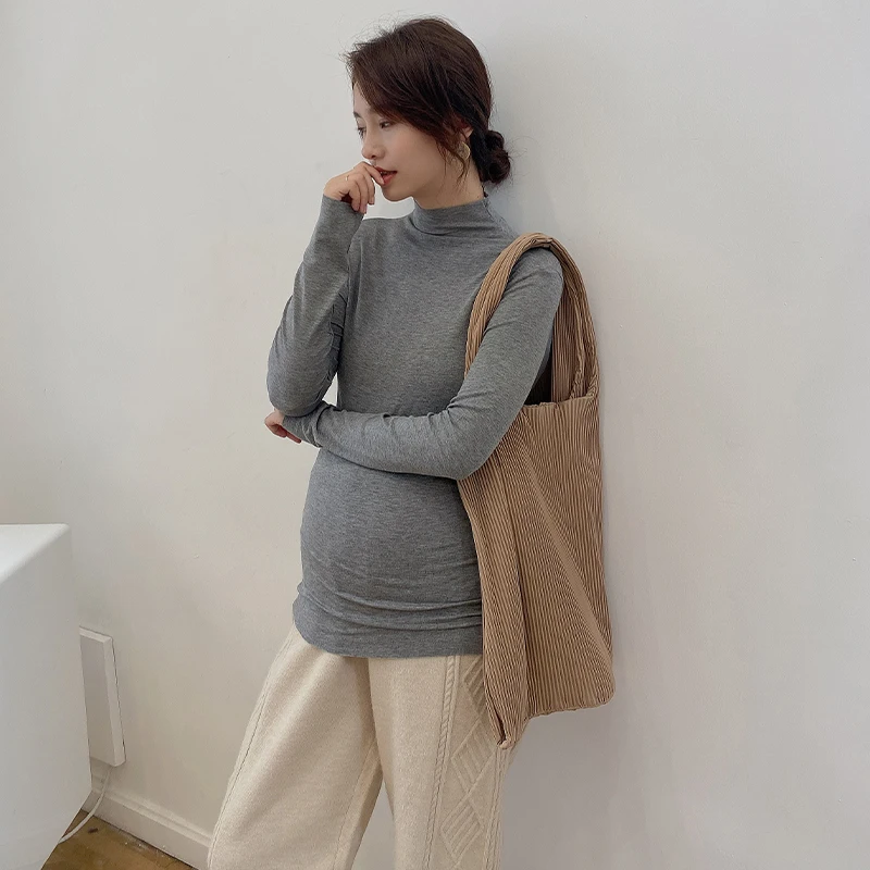 

C2# Autumn Winter Stretch Modal Cotton Maternity Tees High Neck Slim Bottoming Shirt Clothes for Pregnant Women Pregnancy Tops