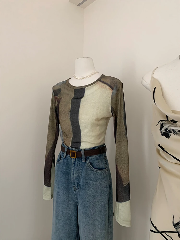 

Женская футболка в стиле пэчворк, свободная футболка в эстетическом стиле, Новинка осени 2022, уличные хипстерские топы из хлопка и полиэстера с круглым вырезом и длинным рукавом