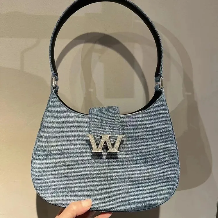 

Женская джинсовая сумка на плечо, маленькая Высококачественная блестящая сумка-тоут с надписью и стразами, Роскошный дизайнерский кошелек с полумесяцем, сумка через плечо