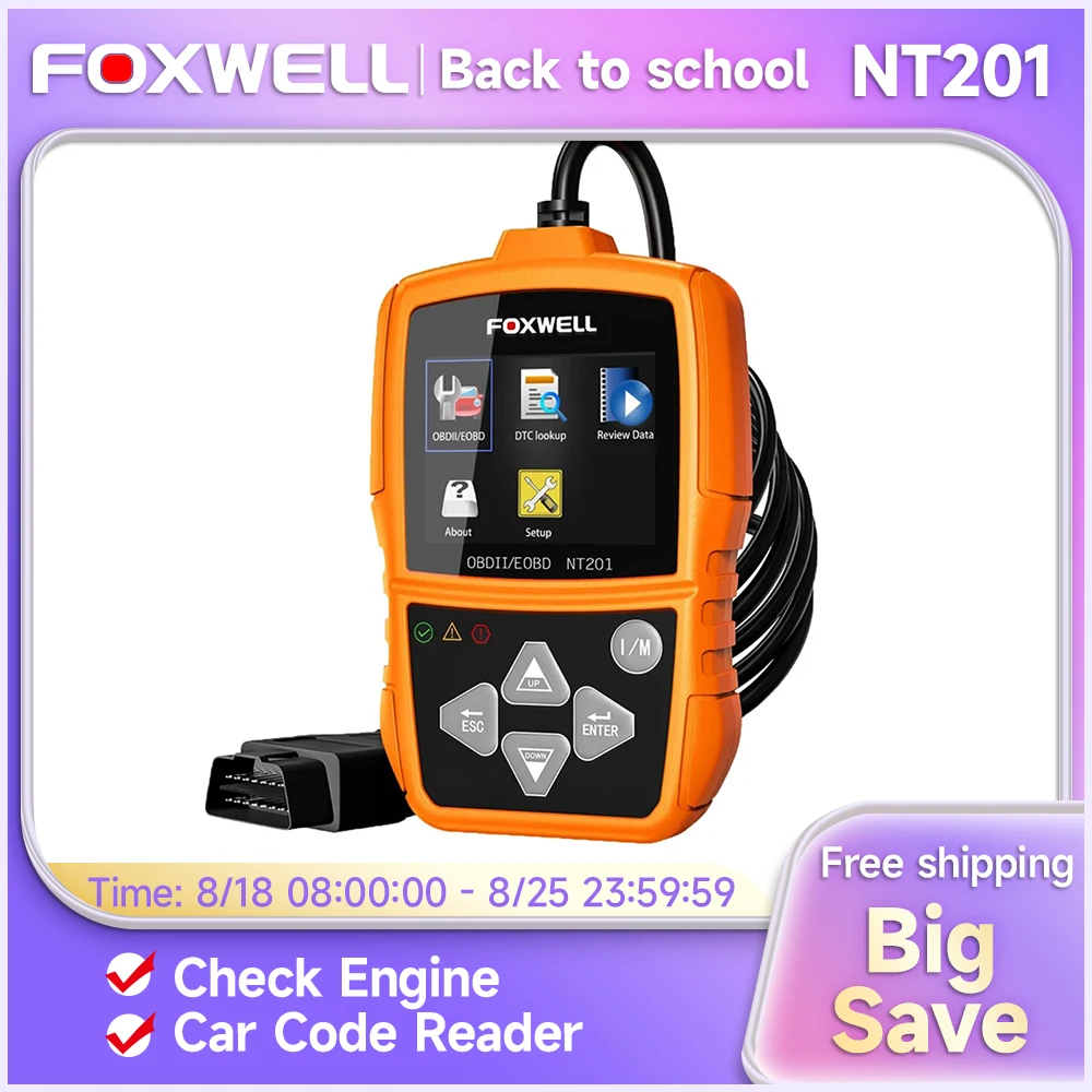 

НОВЫЙ сканер FOXWELL NT201 OBD2, проверка света двигателя, считыватель автомобильных кодов, бесплатное обновление, автомобильный OBDII диагностический сканер, инструмент pk ELM327