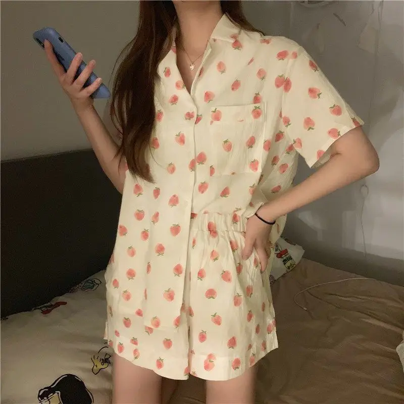 

Sleeve Loungewear Wear Pajamas 2 Short Women Summer Pijama Shorts Underwear Pyjamas Korean Piece Night Sleepwear Set Strawberry
