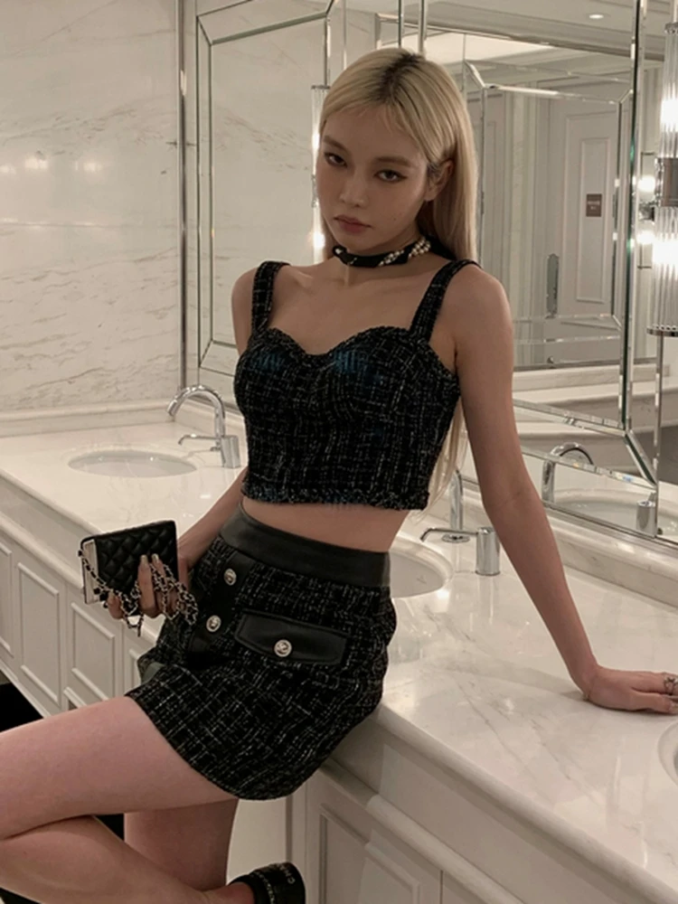 

French Fashion Small Fragrant Tweed Two Piece Set Women Sexy Sleeveless Vest Crop Top + Mini Skirt Sets HotSweet 2 Piece Suit