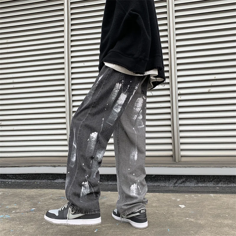 2023 Casual Baggy Jeans Mens Korean Streetwear Fashion Hip Hop Straight Wide Leg Trousers Black Gray