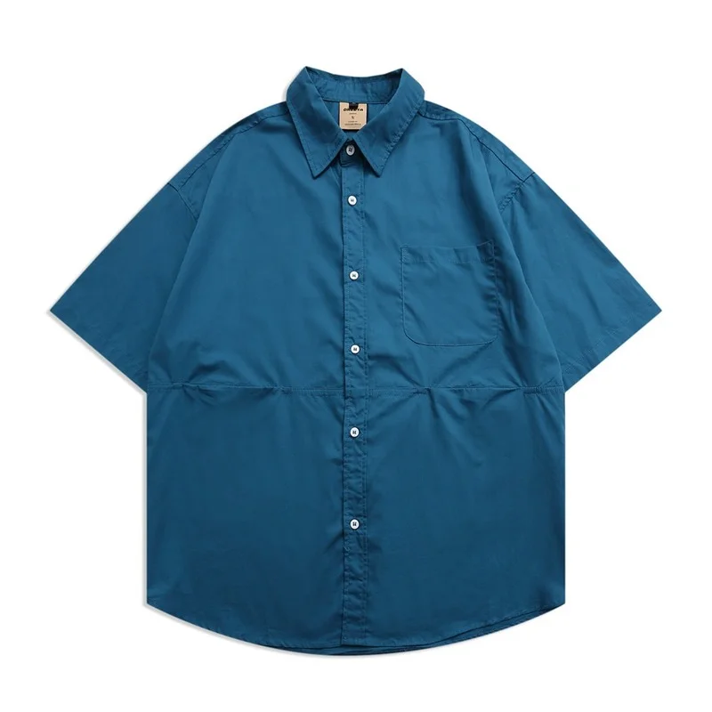 

Men Shirt Summer Vintage Japanese Workwear Pocket Stitching Turn-down Collar Shirt Men Short-Sleeved Loose Single-Breasted Shirt