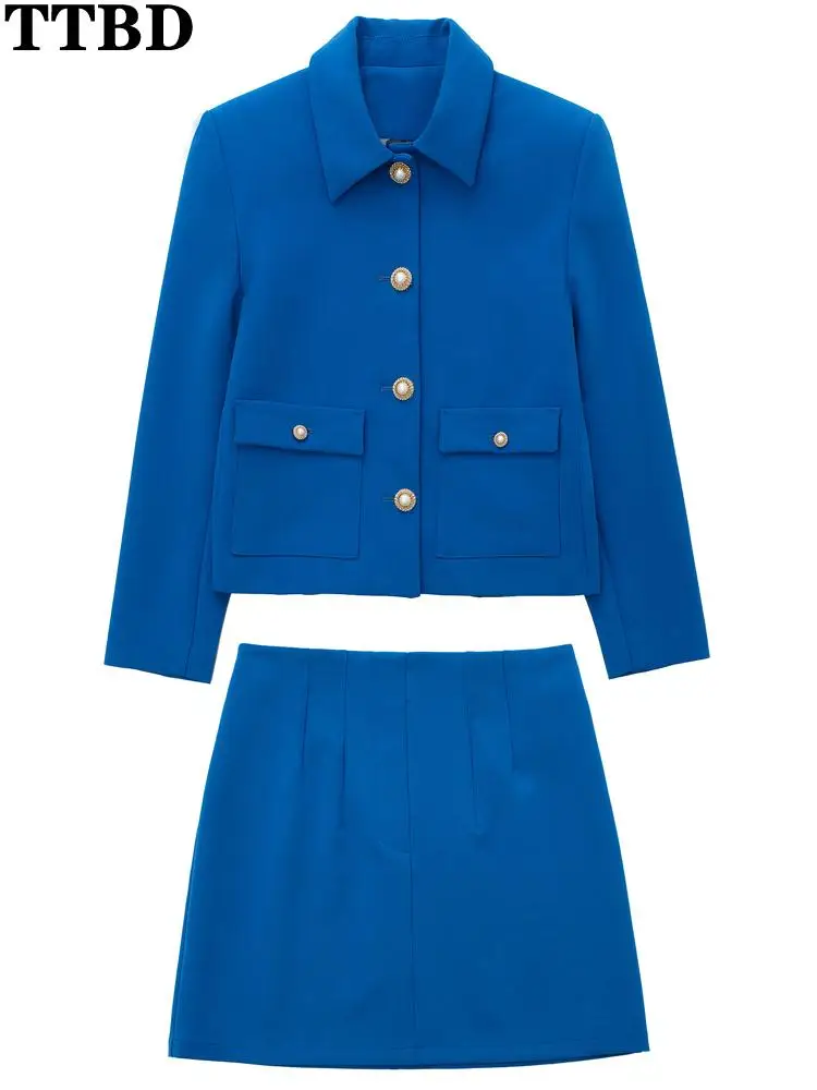 

TTBD skirt set traf fashion with rhinestone buttoned patch pockets jacket coat or high waist a line mini skirt 2 piece set women
