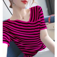 fashion v neck short sleeve oversized striped knitted blouse 2022 summer new casual tops loose commute womens clothing shirt