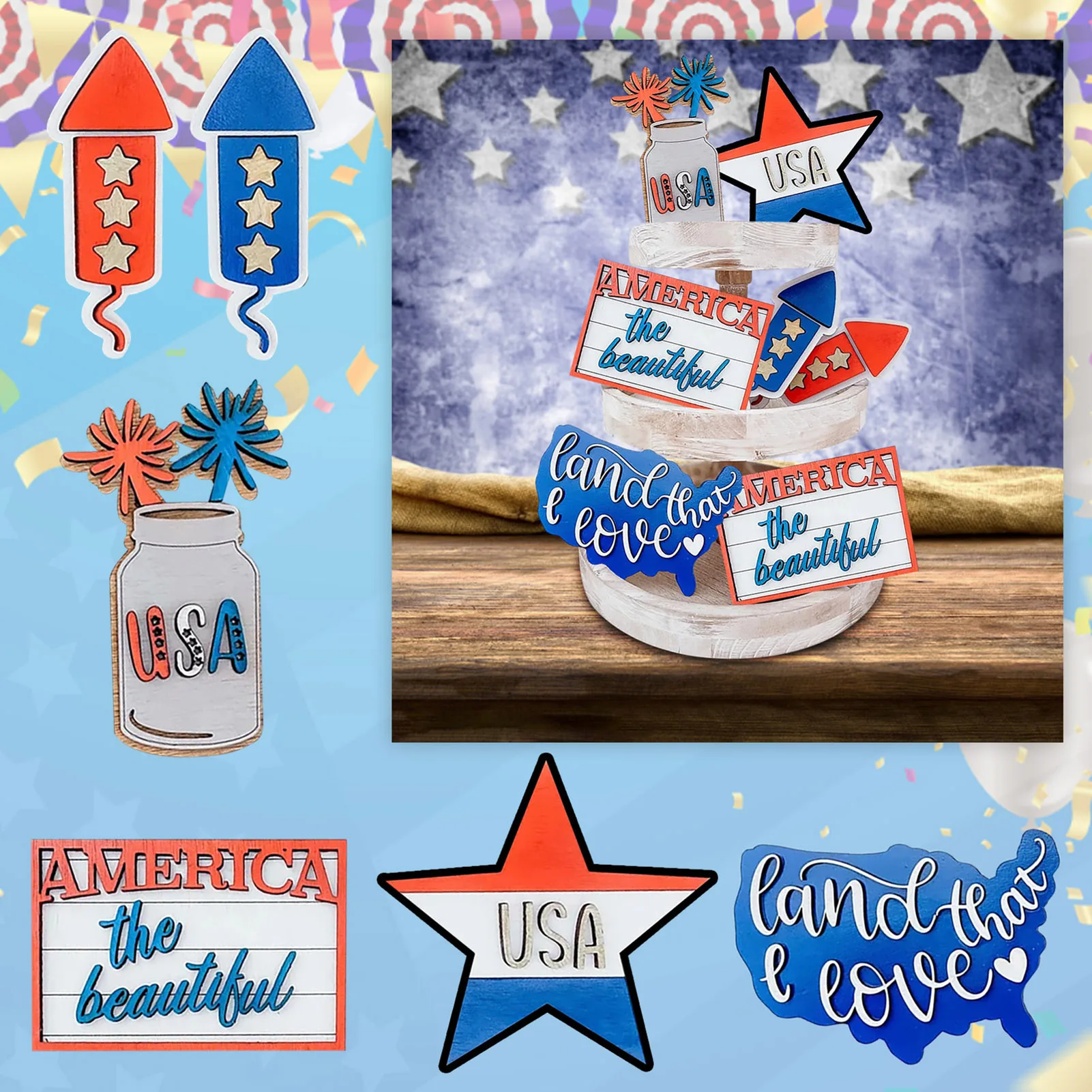 

Flat Style Layered Tray Ornaments PVC Plaque Sign Decorative Bundle Tiered Tray Decor For USA 4th Of July Independence Day