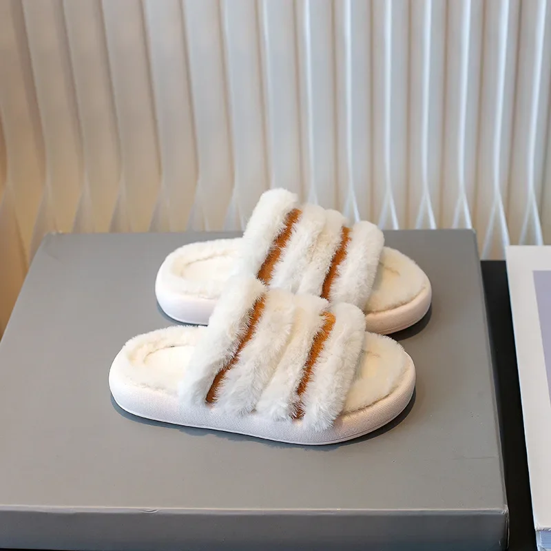 Детские тапочки с мехом открытый носок модная Уличная обувь для девочек мягкая