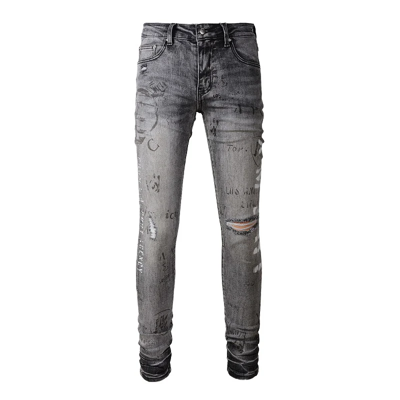 

AM Men's Ash Gray Distressed Streetwear Fashion Style Slim Damaged Hole Skinny Stretch Laser Print Letters Graffti Ripped Jeans