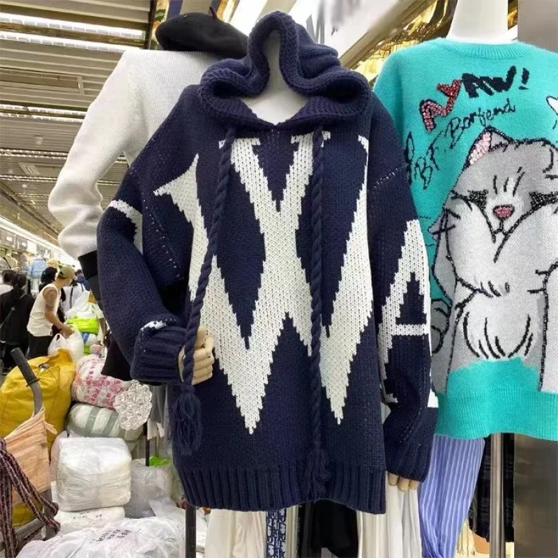 Женский трикотажный свитер с капюшоном и длинными рукавами в Корейском стиле |