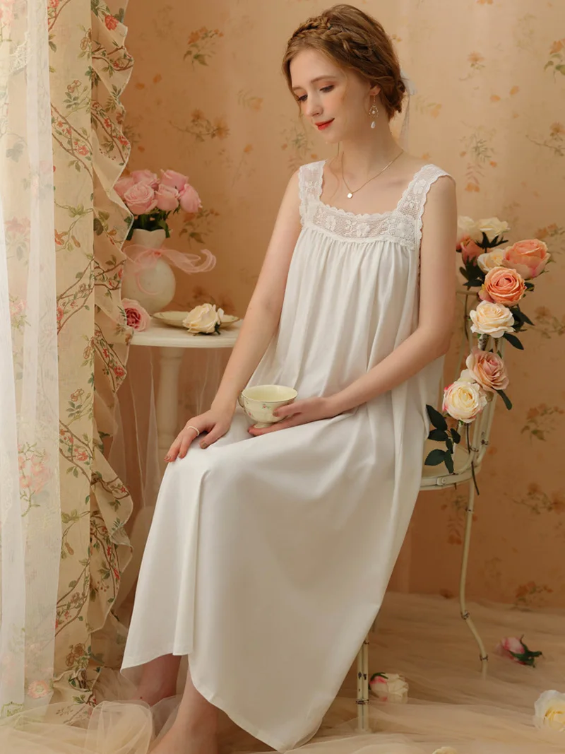 Female Summer Victorian Nightgowns Ruffles Cotton Lace Hollow Out Nightdress Women Sweet Vintage Princess Sexy Loose Sleepwear