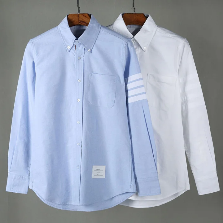 2022 Fashion New Shirts Men Slim White Long Sleeve Striped Casual Shirt Turn Down Collar Oxford Solid Men's Clothing