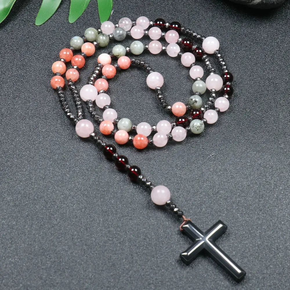 

Natural Stone Beads Necklace For Women Moonstone Pink Quartz Rosary Necklace Hematite Crosses Men Necklace Meditation Jewelry