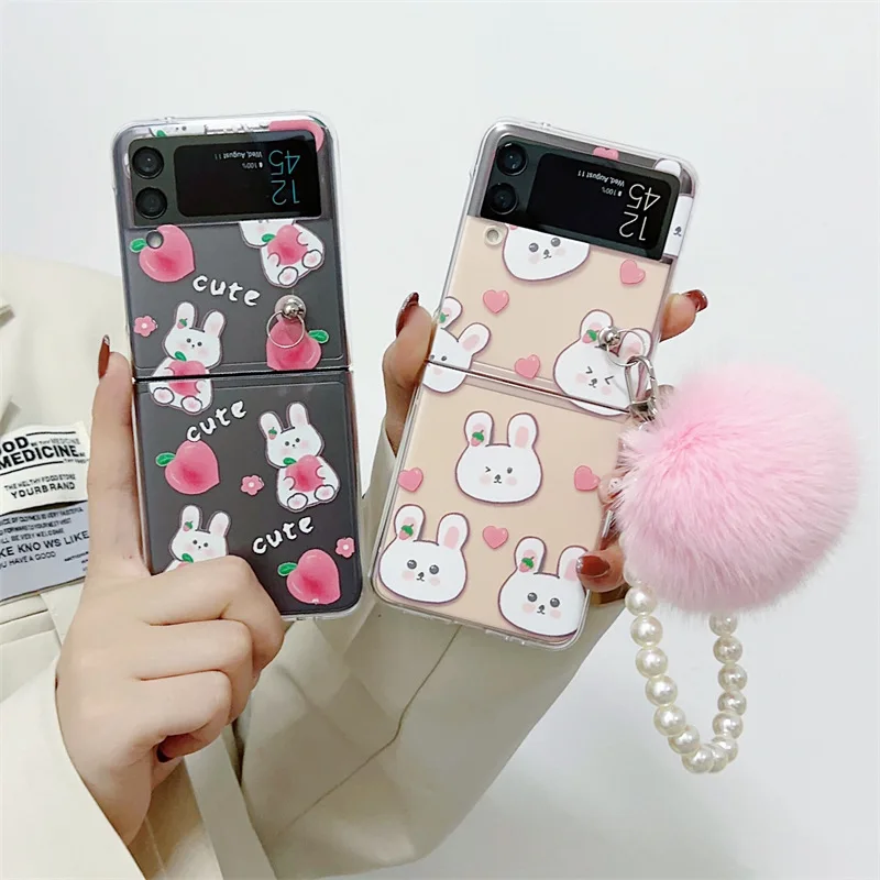 

Cartoon Rabbit Strawberry Transparent Phone Case for Samsung Galaxy Z Flip 3 Z Flip 4 Hard PC Back Cover for ZFlip3 ZFlip4 Case