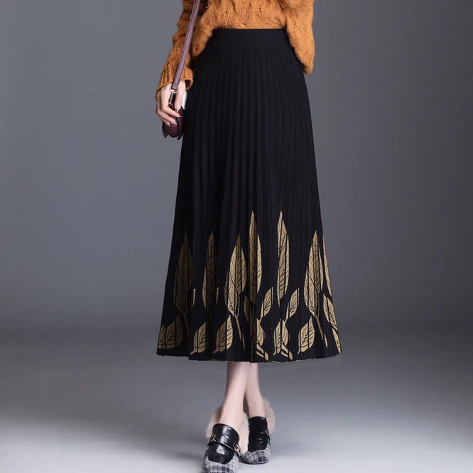 2022 New Knitted Women's A-line Skirt Mid Autumn Winter Long Wrap Hip High Waist  Printed Skirt Girl's Skirt Golden Leaves