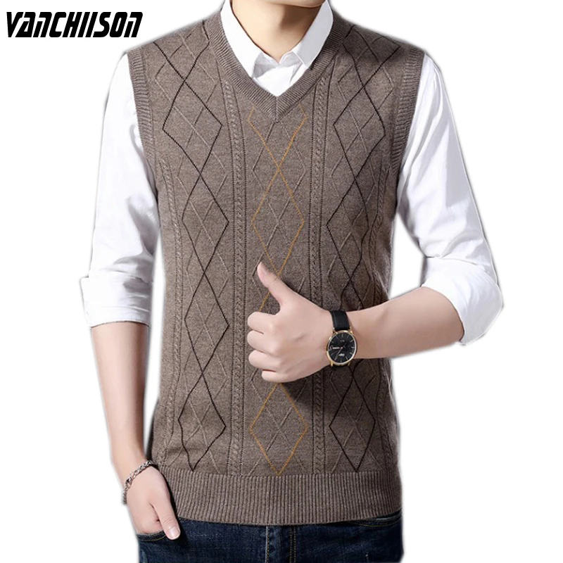 

Men Sleeveless Knit 13.1% Wool Sweater Tank Vest Pullover Jumpers Retro Vintage V Neck Male Fashion Casual Basic TUE11E38