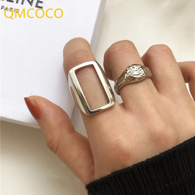 

QMCOCO Silver Color Finger Rings Trends Creative Hollow Square Geometric Irregular Vintage Punk Ring Woman Party Jewelry Gift