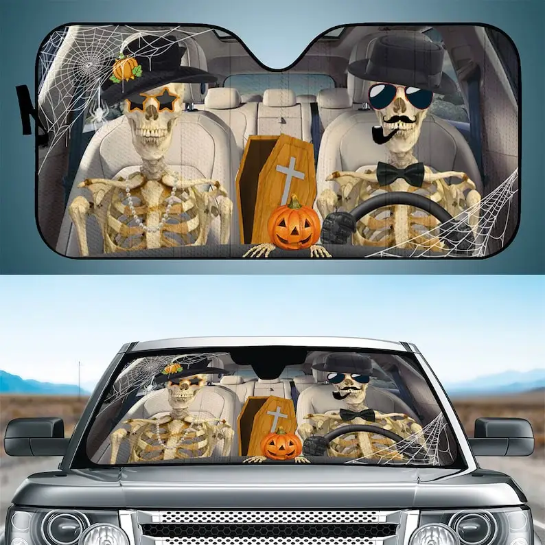 

Skeleton Couple Sunshade, Skull Couple Halloween Car Decor, Holiday Gift Idea Birthday Lover Sunshade ,Premium Car Sunshade