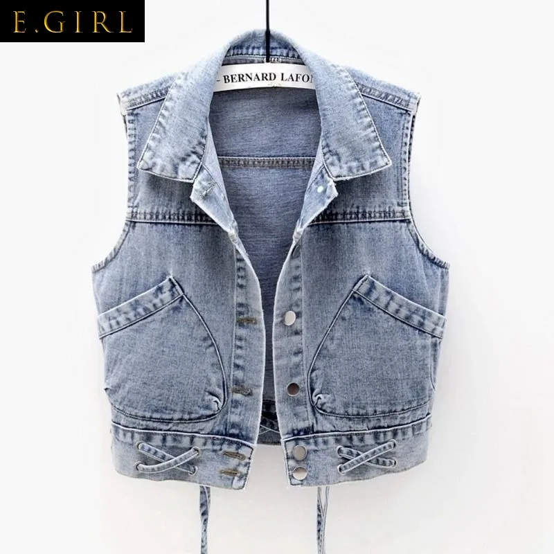 Vests Women Denim 4XL Chic Criss-Cross Pocket Fashion Teens Vintage College Outwear Sleeveless Cropped Jacket Spring All-match