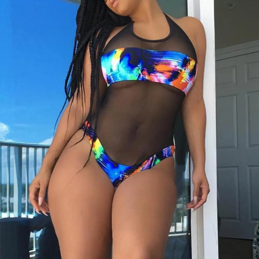 

Triangle Cutting Wear Resistant Colorful Splicing Halter Women Monokini for Travel