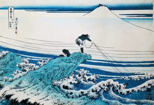 

Рыбак, стоящий на рокковом промыслове в Кай-провинции, Katsushika Hokusai, настенное искусство, домашняя декоративная живопись