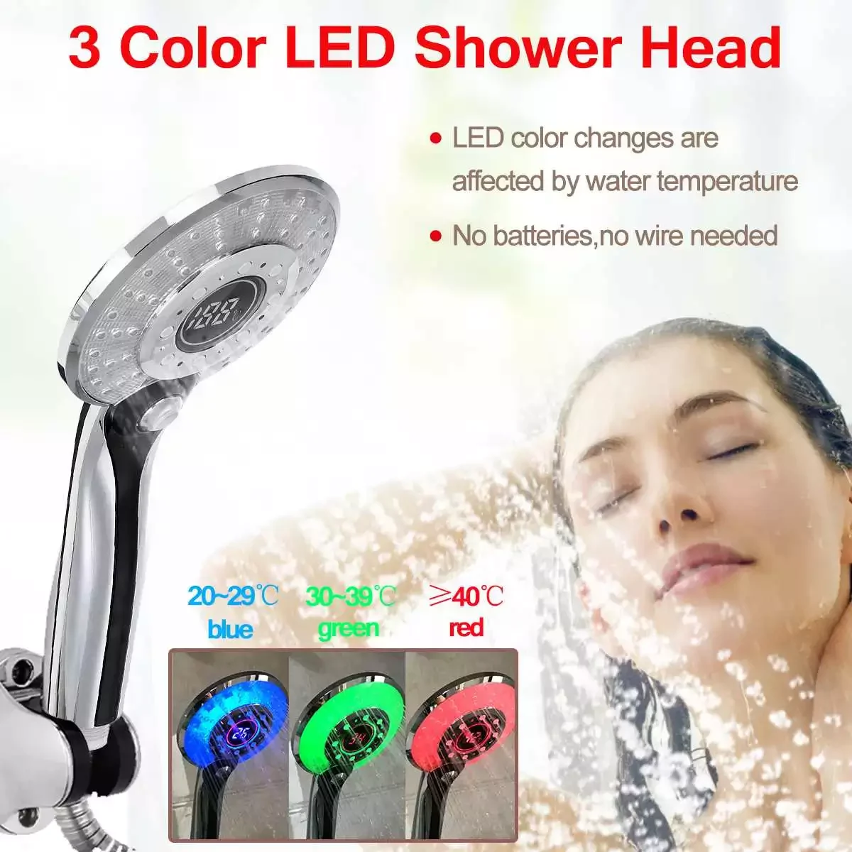 

Shower Head Water Saving Flow with LED Light Digital Temperature Control 3 Spraying Mode Rain Spray Nozzle Bathroom Accessories