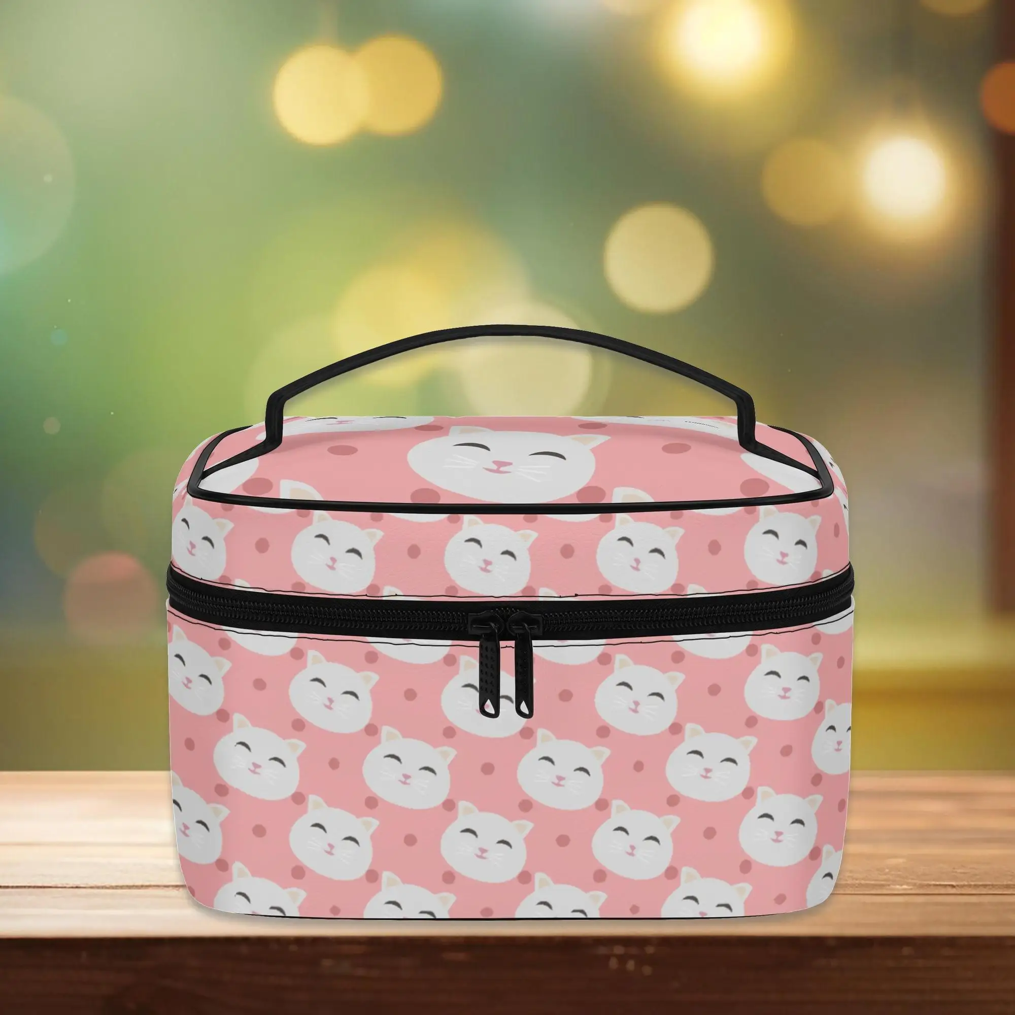 

Kawaii Cute Kitty High Quality Faux Leather Makeup Bag For Women Big Zipper Top Handle Cosmetic Case For Travel