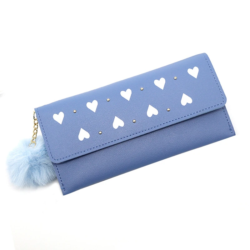 

Women Heart Wallets Hasp Rivet Coin Purses Long Female Wool Ball Pu Leather Phone Clutch Bag Ladies Money Clip Card Holder
