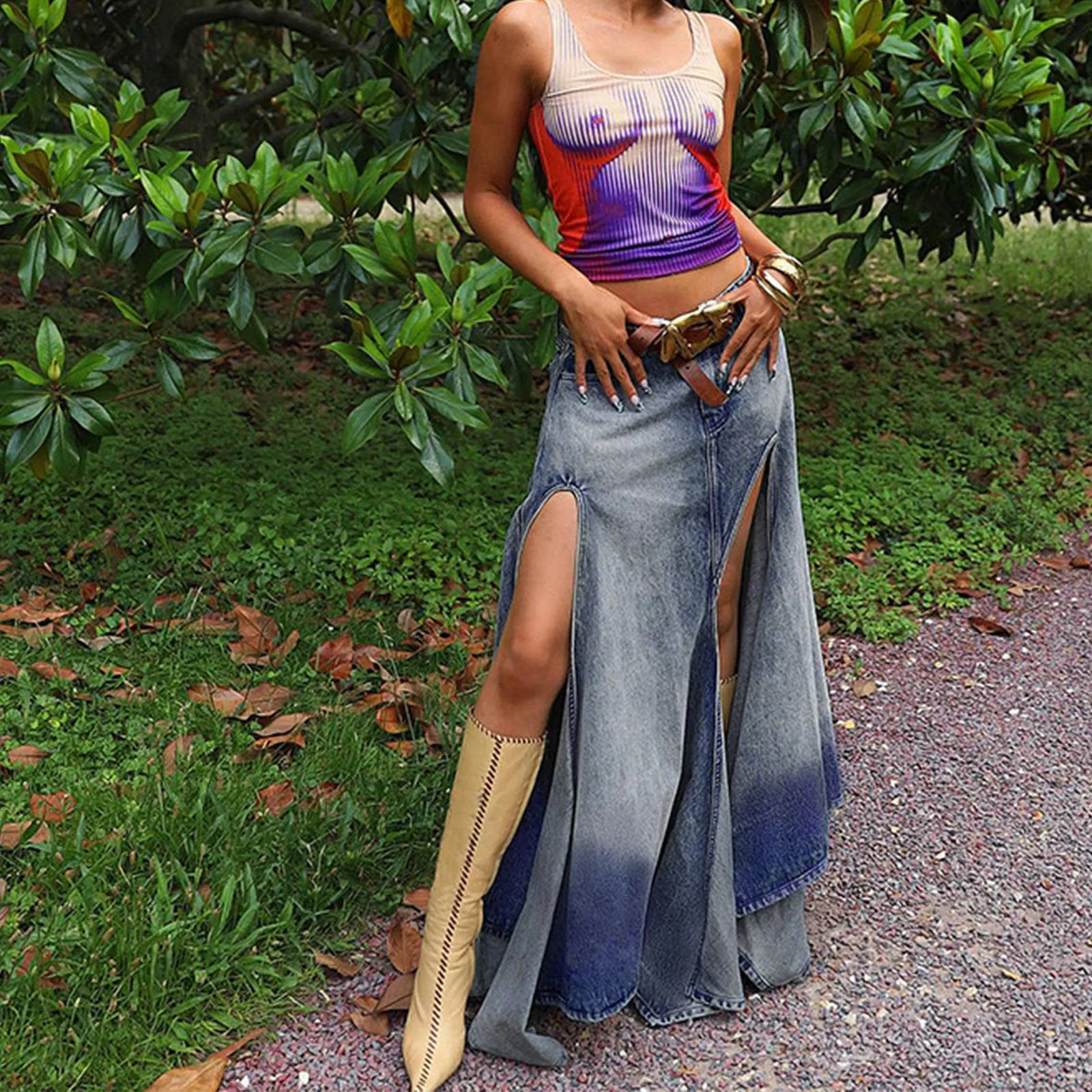 

Vintage Chic Y2K Denim Straight Skirts Women 2023 Low Waist High Slit Harajuku Streetwear Aesthetic Grunge Long Skirt Party Club