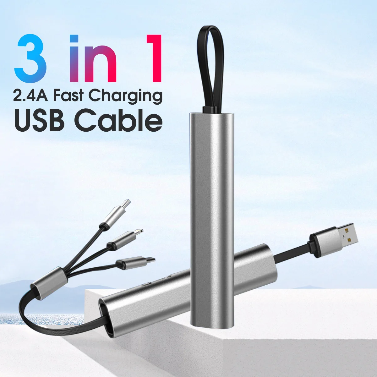 

Metal 3in1 Fast Charging USB Cable for iPhone Samsung Huawei Hidden Multi Retractable Micro USB C Charger Cable Creative Gifts