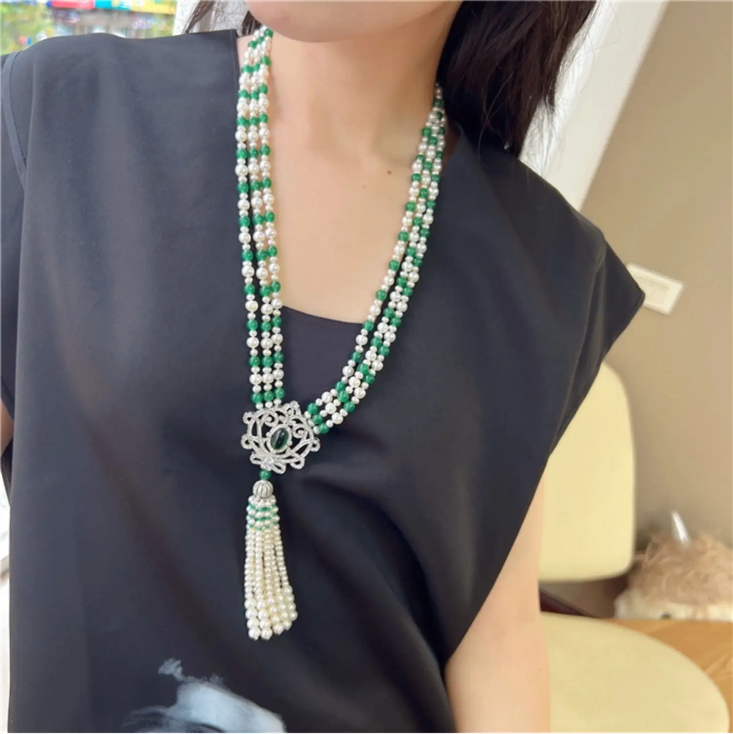 White Rice Pearl Green Round Agate Tassel CZ Pave Pendant Long Necklace Sweater Necklace For Party Women Gift