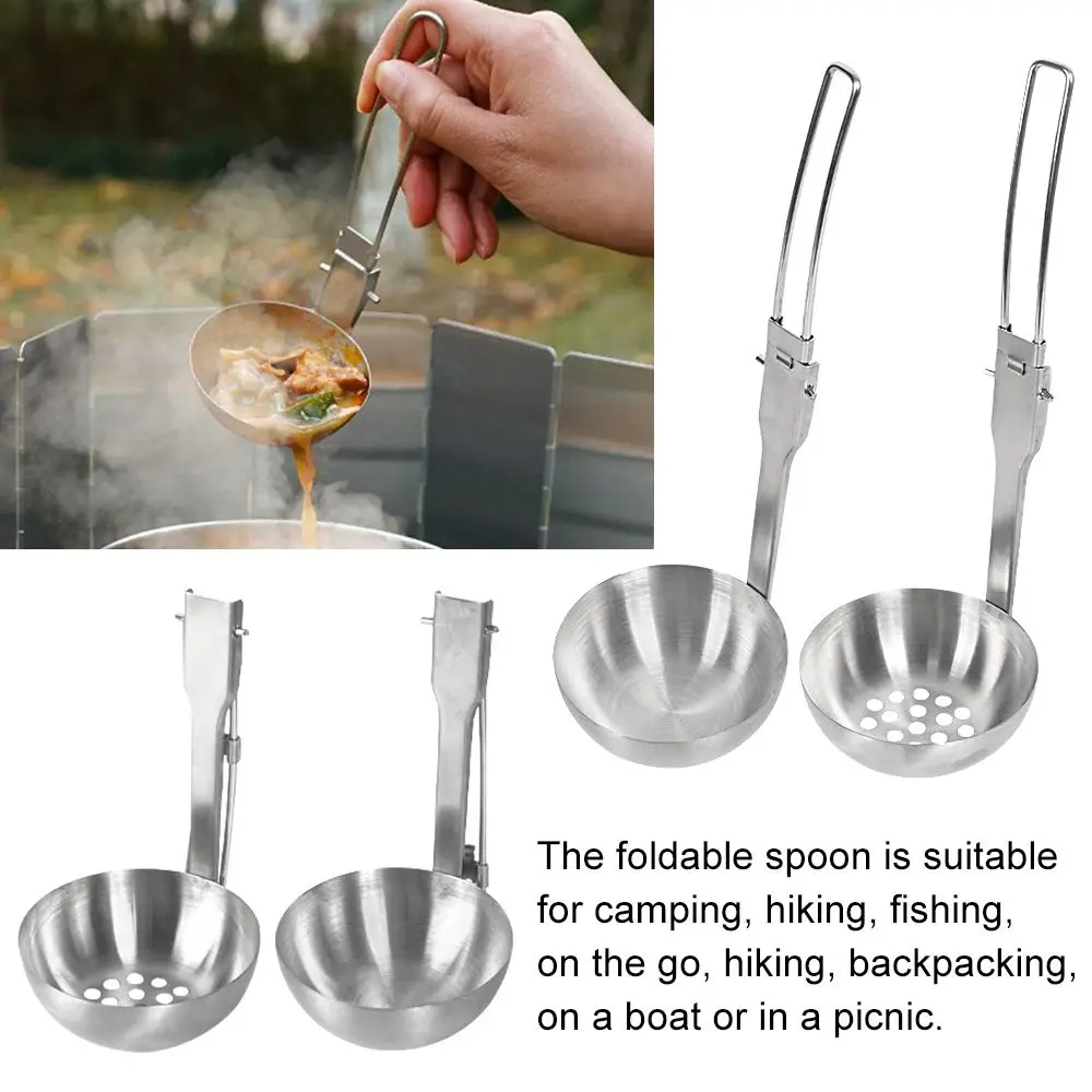 

Outdoor Foldable Portable Stainless Steel Soup Ladle Colander Folding Spoon Picnic Tableware