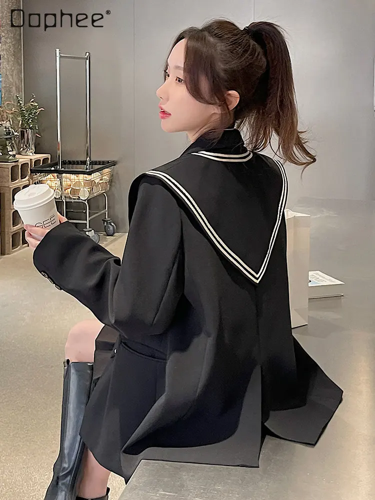 Sweet Advanced Disassembly Collar Black Blaze Female 2023 Spring and Autumn New Military Style Women Loose Long Sleeve Suit Coat