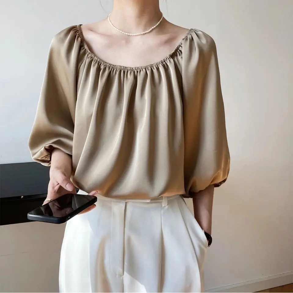 

Women Shirts Summer Female Blouse Lantern Long Sleeve Satin Top Round Neck Loose Straight Elegant Office Romantic Korean Fashion