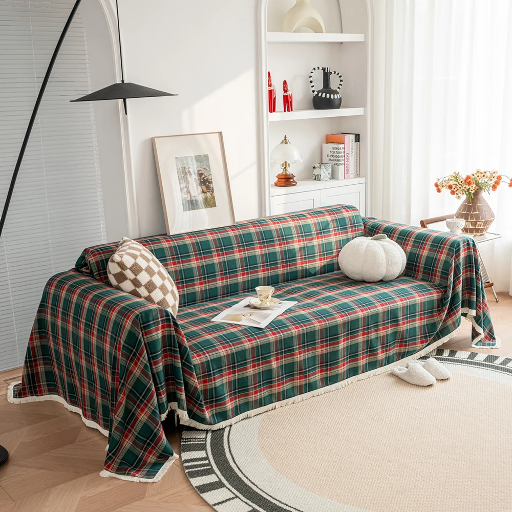 

Чехол для дивана 3-местный красный зеленый клетчатый хлопок и лен