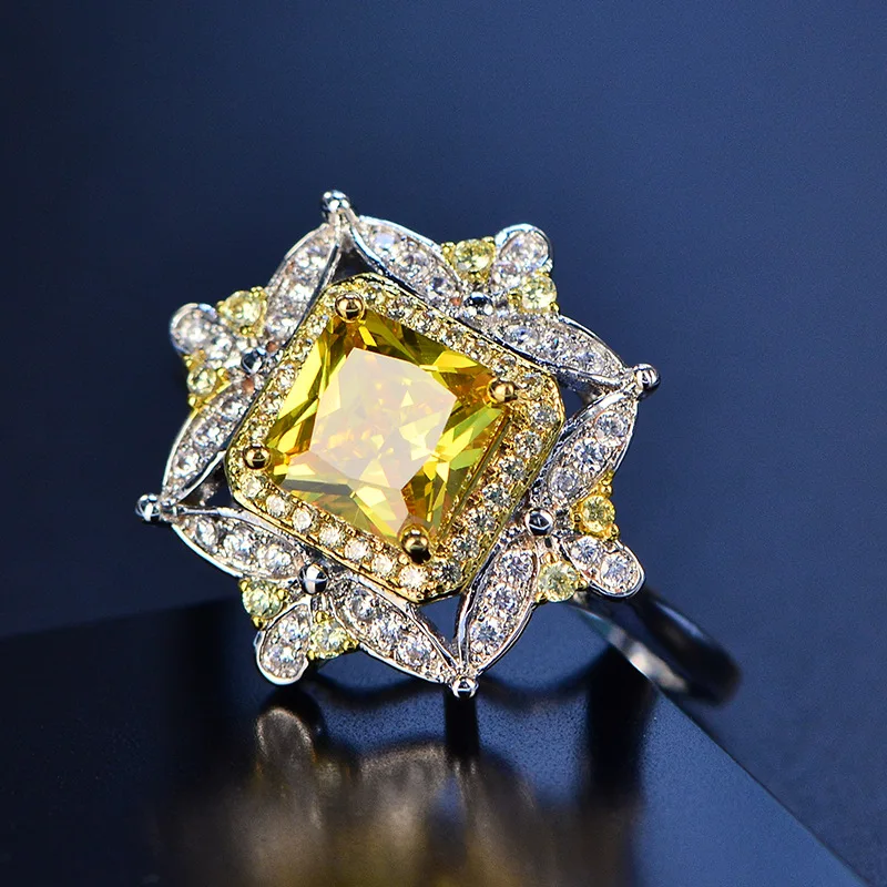 

Dubai Luxury Yellow Big Crystal Princess Square Ring for Women Gold Filled Wedding Engagement Cut Micro Paved Shinning RingR-162