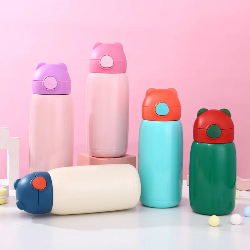 

Cartoon Bear Stainless Steel Thermos Bottle with Straw Portable Tea Cup with Handle Kids Portable Water Bottle