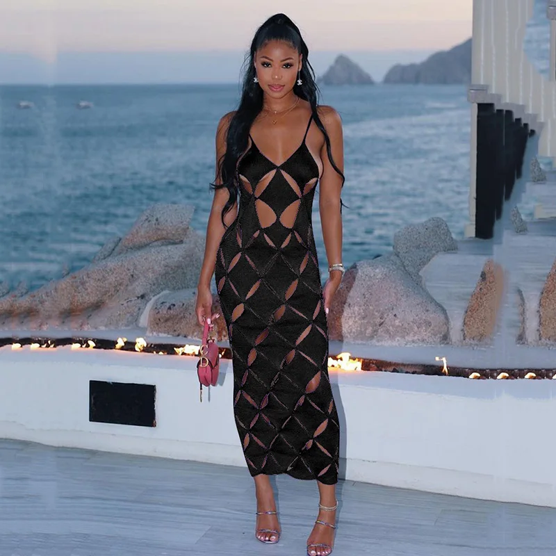 

Women's Fashion Solid Color Sexy Sleeveless Sling V-neck High Waist Hollow Maxi Dresses