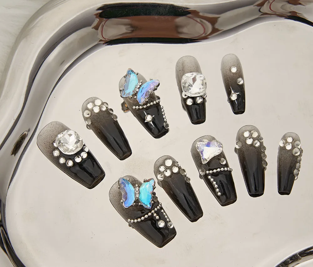 

10pcs Heart Design Rhinestones False Nails Acrylic Full Cover Long Fake Nails Detachable Nail Tips Press On Nail Dropshipping