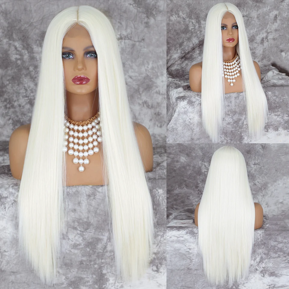 

MONIXI Synthetic Long Straight White Wig 60 613 Wigs for Women Middle Part Cosplay Pink Blonde Wig Fake Hair