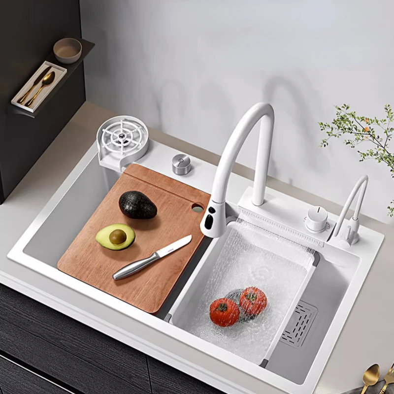 

White waterfall sink Large single slot Kitchen vegetable washing basin Nano stainless steel dishwashing sink