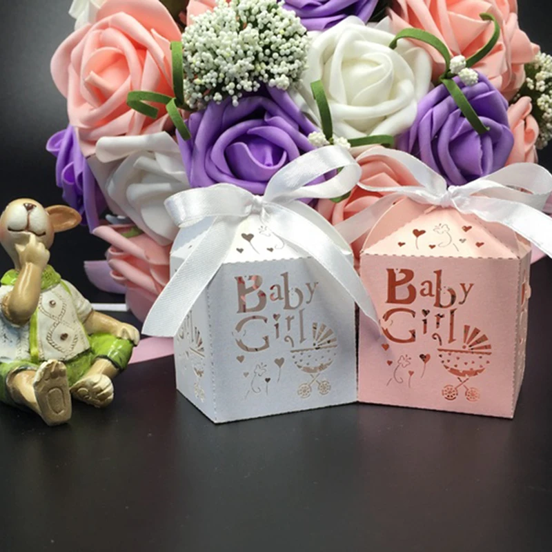 

50pcs Baby Shower Girl Boy Candy Box With Ribbon Gender Reveal Baptism Gift For Guests Birthday Party Favor Decorations Supplies