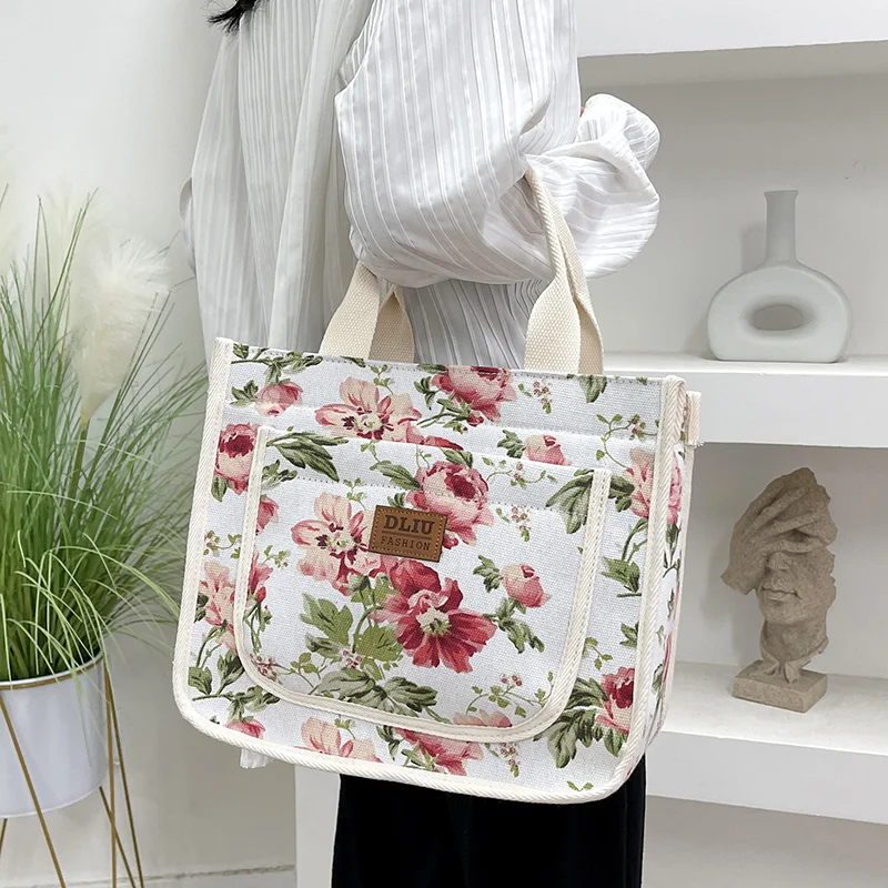 New Fashion Canvas Flower Print Handbag Work Carrng Commuter Lunch Box Bag Large Capaci Outing Mummy