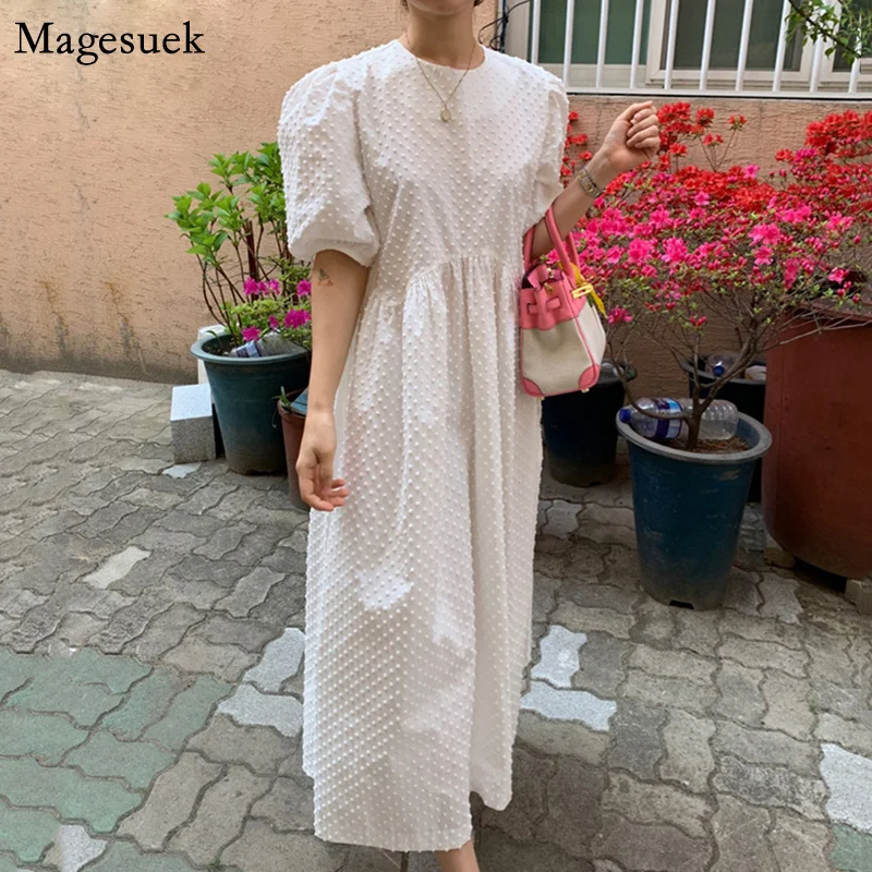 

Spring Summer Long Dress Women 2022 Vintage Puff-Sleeve Loose Plus Size Dress Elegant O-Neck Solid Party Dresses Vestidos 9941
